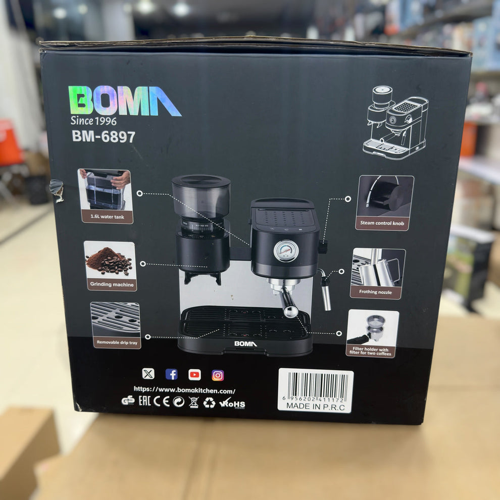 BOMA BM-6897 2-in-1 Espresso Coffee Maker with Built-in Grinder - 2000W, 20 Bar Pump, 1.6L Tank