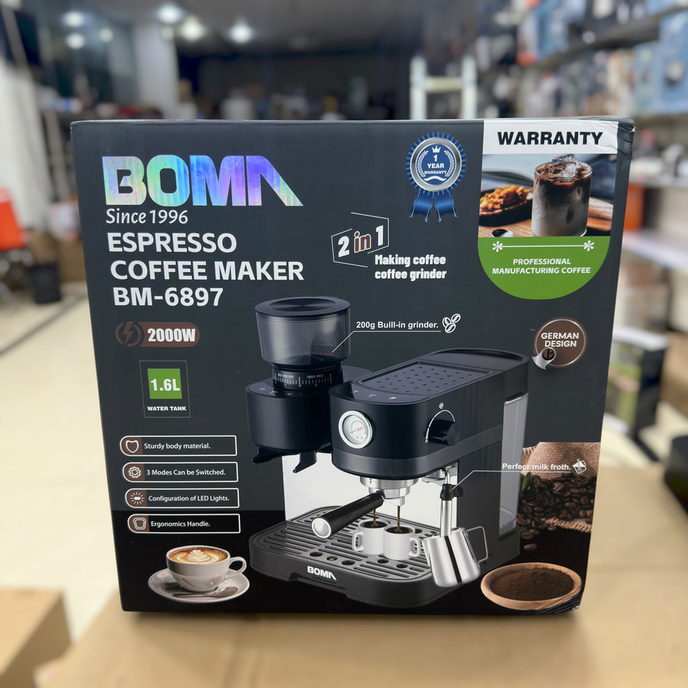 BOMA BM-6897 2-in-1 Espresso Coffee Maker with Built-in Grinder - 2000W, 20 Bar Pump, 1.6L Tank
