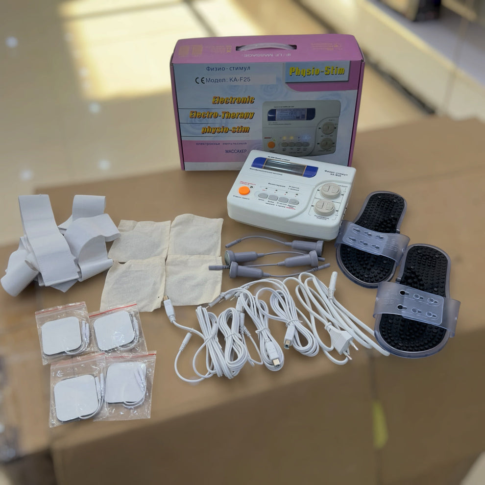 Physio-Stim KA-F25 Electronic Pulse Massager Kit - LCD Display with Pads, Slippers & Probes
