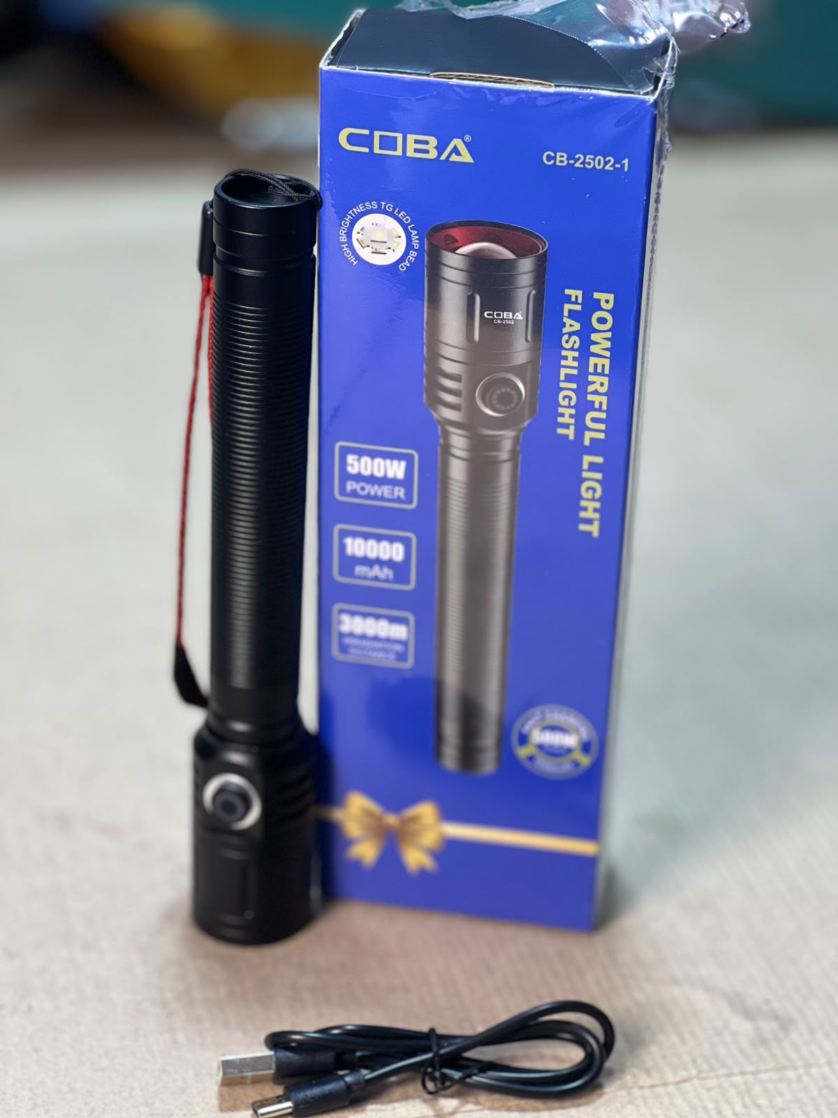 COBA Powerful 500W Rechargeable LED Flashlight – 10000mAh, 3000m Irradiation