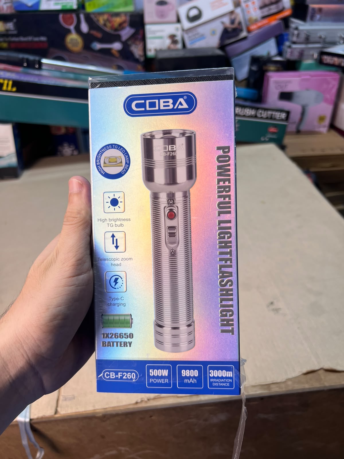 COBA CB-F260 500W Powerful Rechargeable LED Flashlight – 9800mAh, Type-C Charging, 3000m