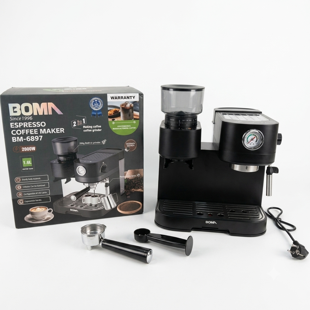 BOMA BM-6897 2-in-1 Espresso Coffee Maker with Built-in Grinder - 2000W, 20 Bar Pump, 1.6L Tank