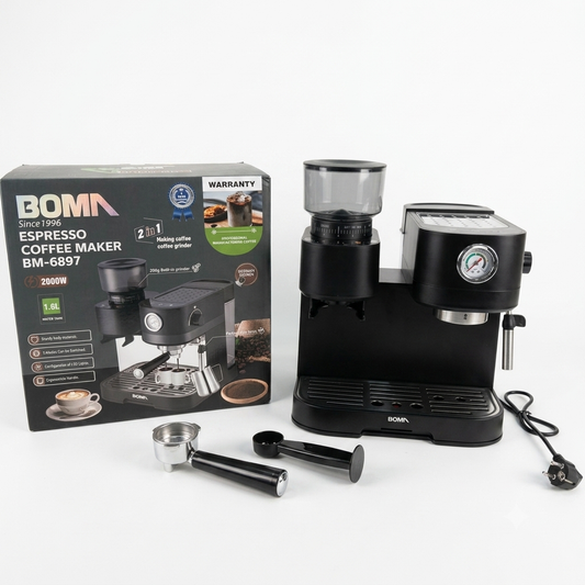 BOMA BM-6897 2-in-1 Espresso Coffee Maker with Built-in Grinder - 2000W, 20 Bar Pump, 1.6L Tank