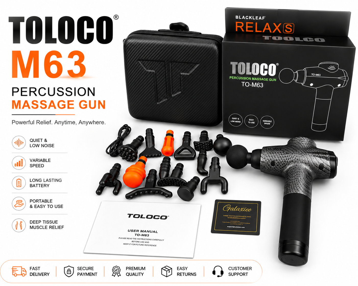 TOLOCO M63 Percussion Massage Gun – Deep Tissue Muscle Massager with Multiple Massage Heads & Carrying Case