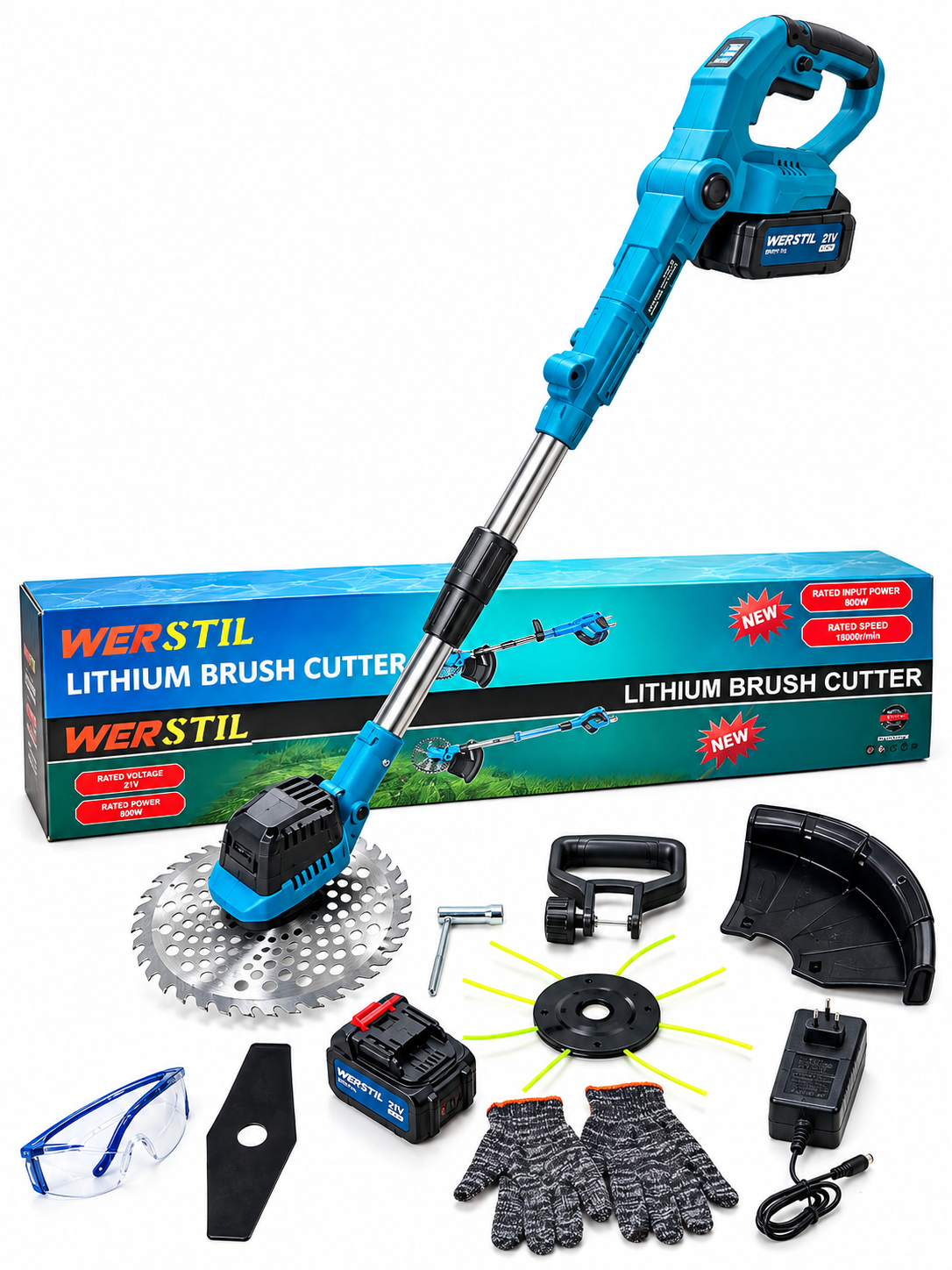 WERSTIL 48V Cordless Lithium Brush Cutter – 800W Grass Trimmer with Battery & Accessories