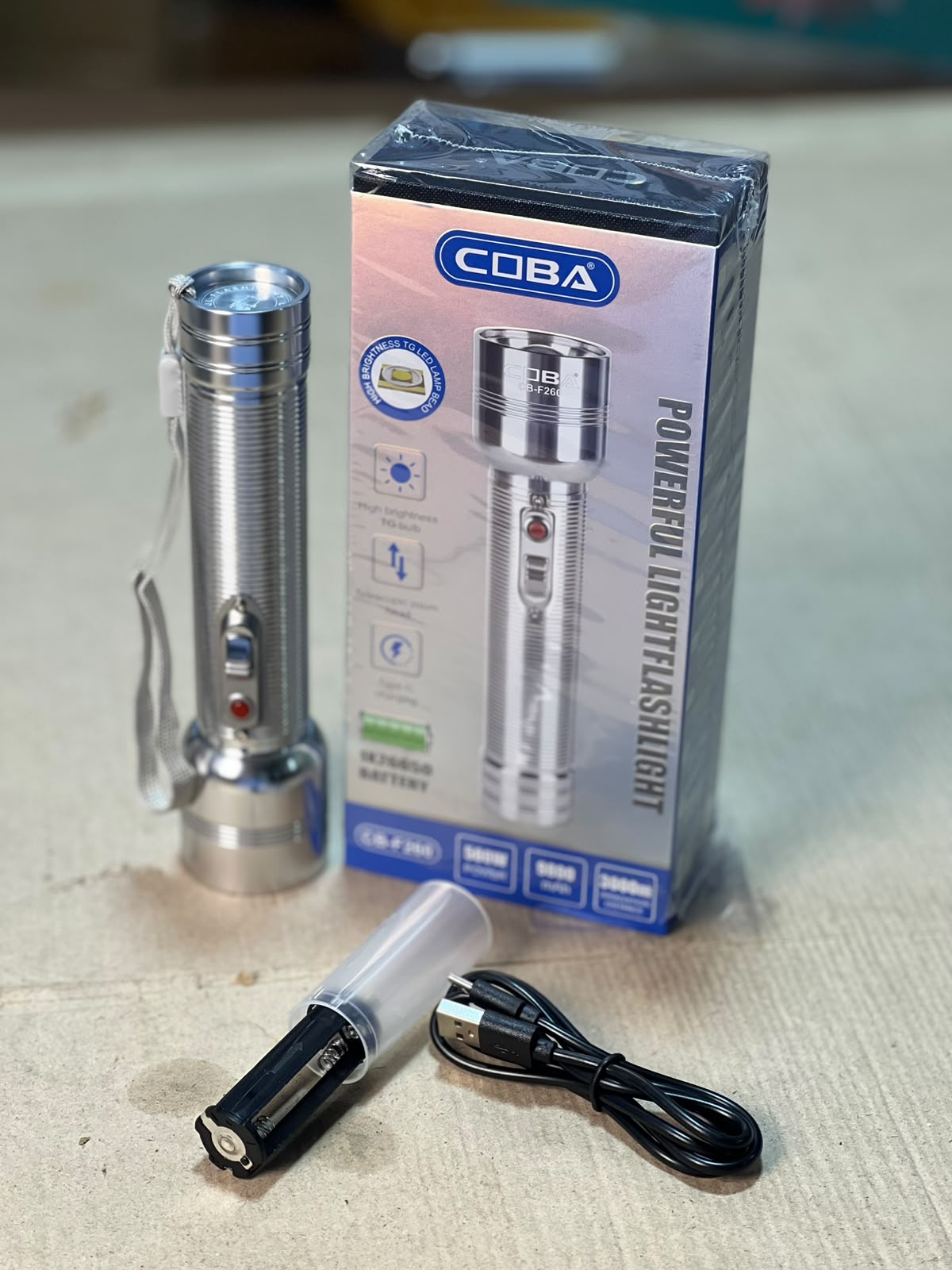 COBA CB-F260 500W Powerful Rechargeable LED Flashlight – 9800mAh, Type-C Charging, 3000m
