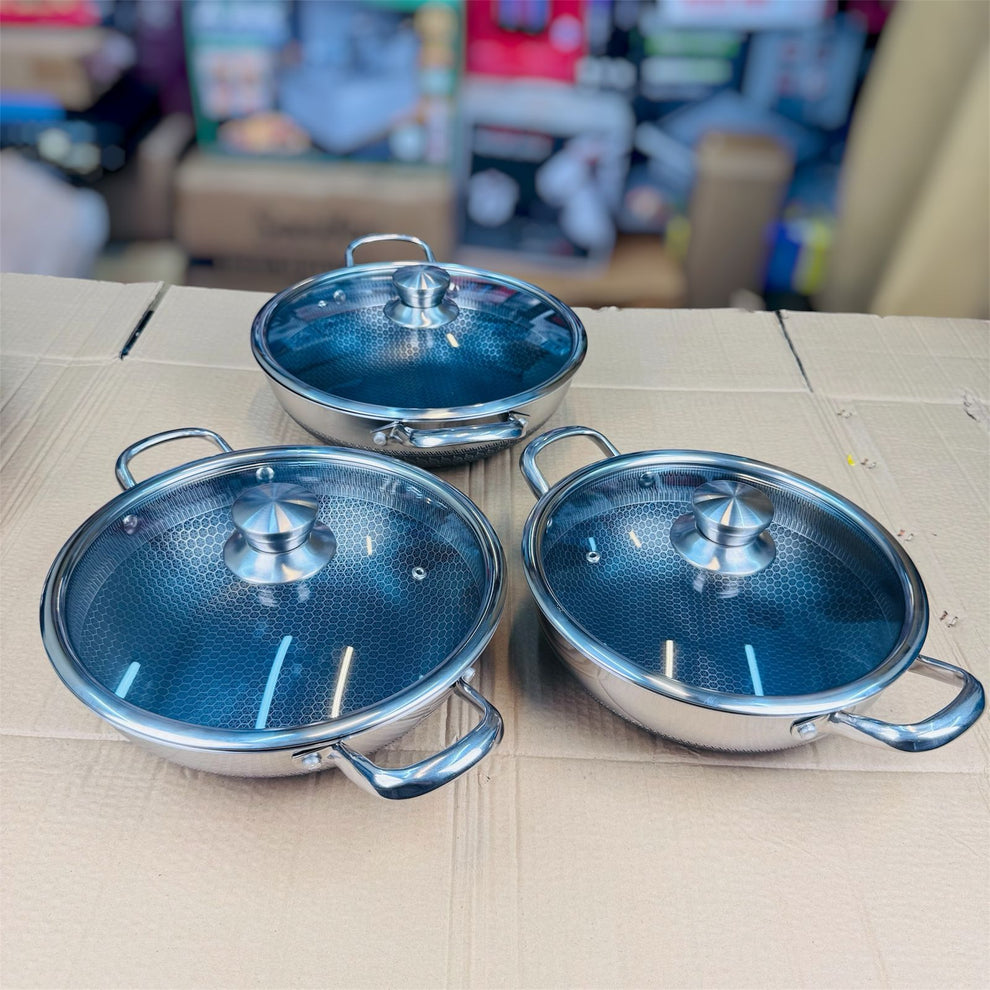 3 pcs lesser coating honeycond shallow handy size 30 cm+32 cm+ 34cm+