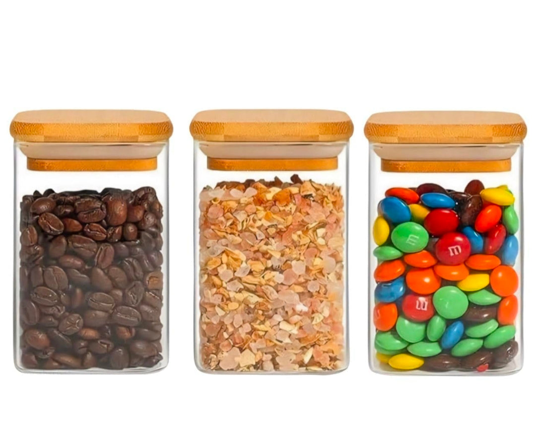 Weilideco 3-Piece Glass Jar Set with Wooden Lids & Bamboo Tray