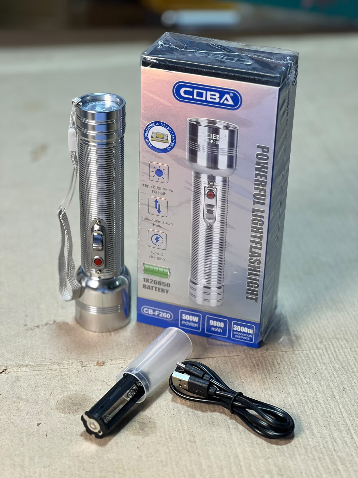 COBA CB-F260 500W Powerful Rechargeable LED Flashlight – 9800mAh, Type-C Charging, 3000m