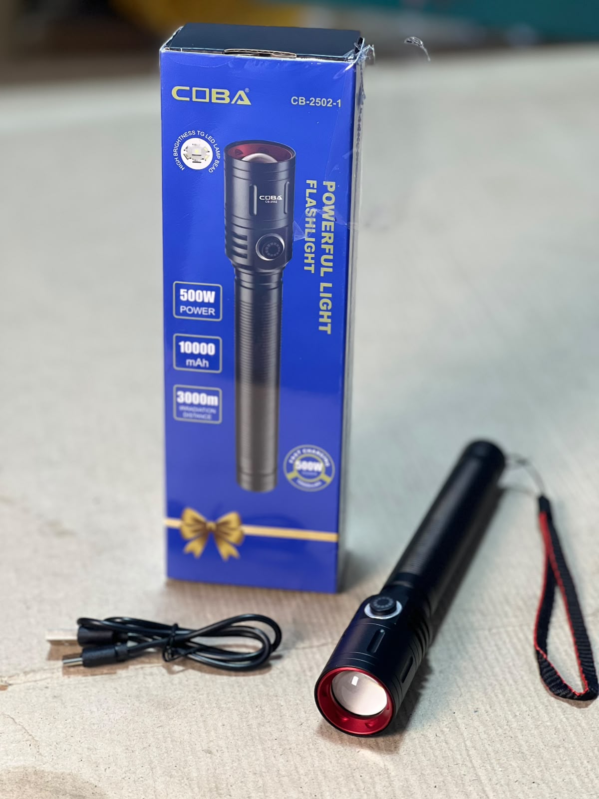 COBA Powerful 500W Rechargeable LED Flashlight – 10000mAh, 3000m Irradiation