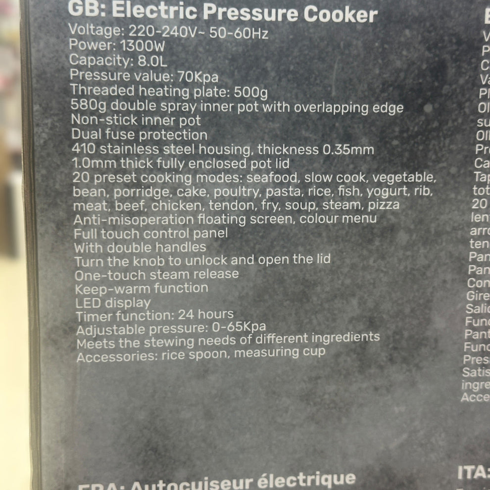 DSP X2000 Pro Electric Pressure Cooker - 8.0L, 1300W, 20 Preset Modes, Full Touch Control