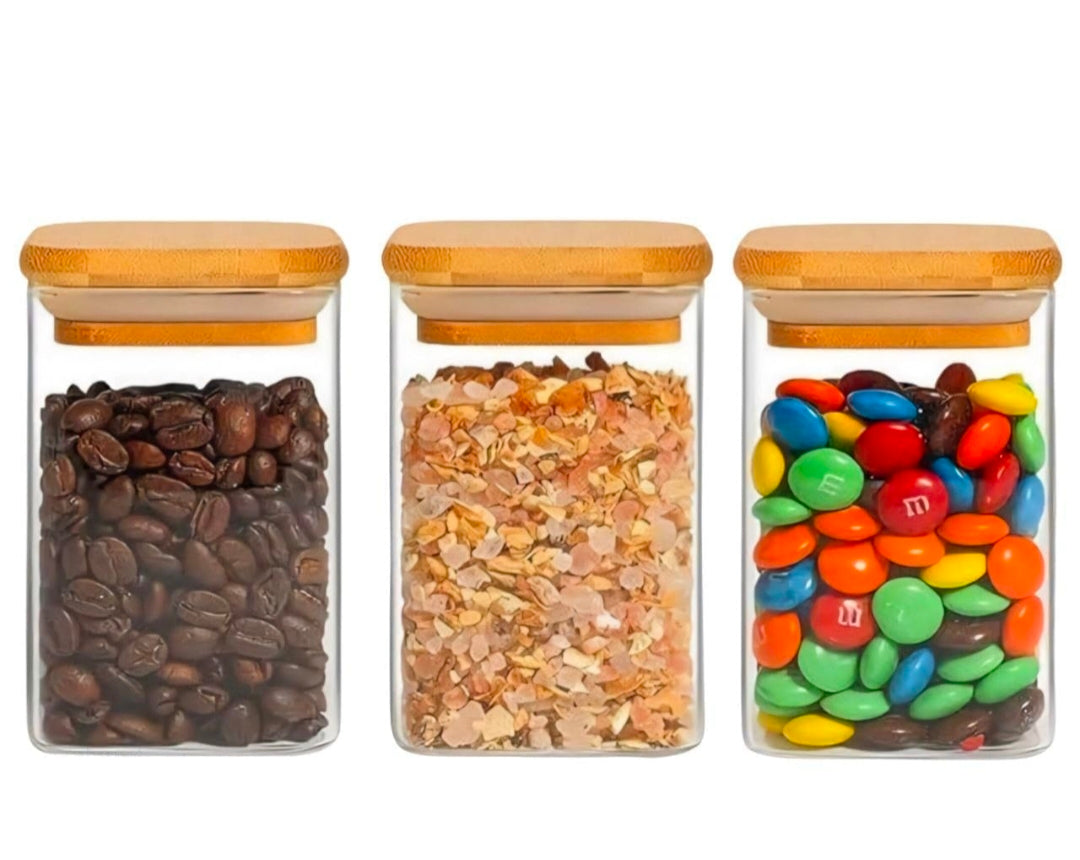 Weilideco 3-Piece Glass Jar Set with Wooden Lids & Bamboo Tray