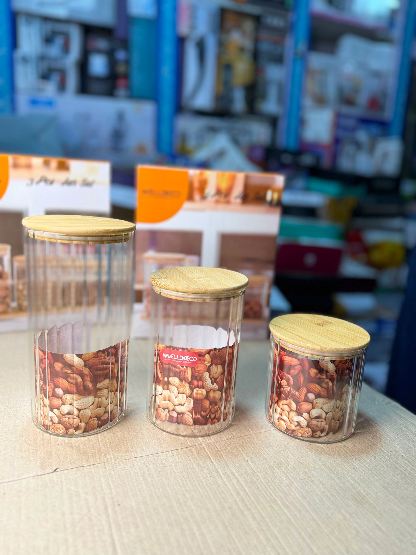 Weilideco 3-Piece Glass Jar Set with Wooden Lids & Bamboo Tray
