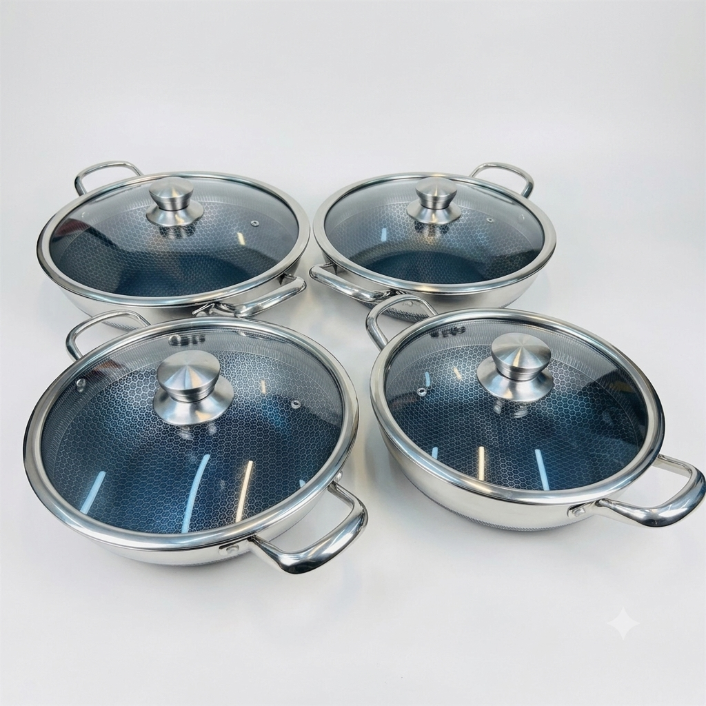 4 pcs lesser coating honeycond shallow handy size 26 cm+ 28 cm+30 cm+ 32 cm+